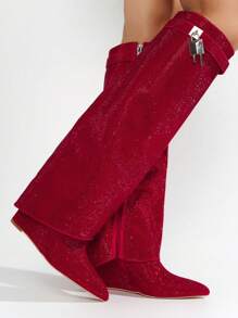 Women's  Fold Over Rhinestone Boots - Single Pointy Toe Metallic/Holo Knee High High Heel For Festival Shoes - 紅色 - 查看 2