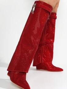 Women's  Fold Over Rhinestone Boots - Single Pointy Toe Metallic/Holo Knee High High Heel For Festival Shoes - 紅色 - 查看 3