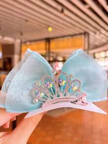 1入兒童蝴蝶結髮夾皇冠公主髮簪,適用於寶貝女孩,藍色 - 藍色 - 查看 3