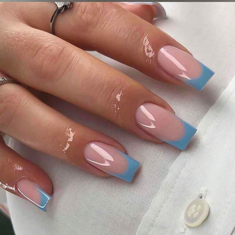 24 件裝全覆蓋藍色法式長壓克力指甲壓釘,帶尖頭或方形和光澤細節 - 藍白色 - 查看 1