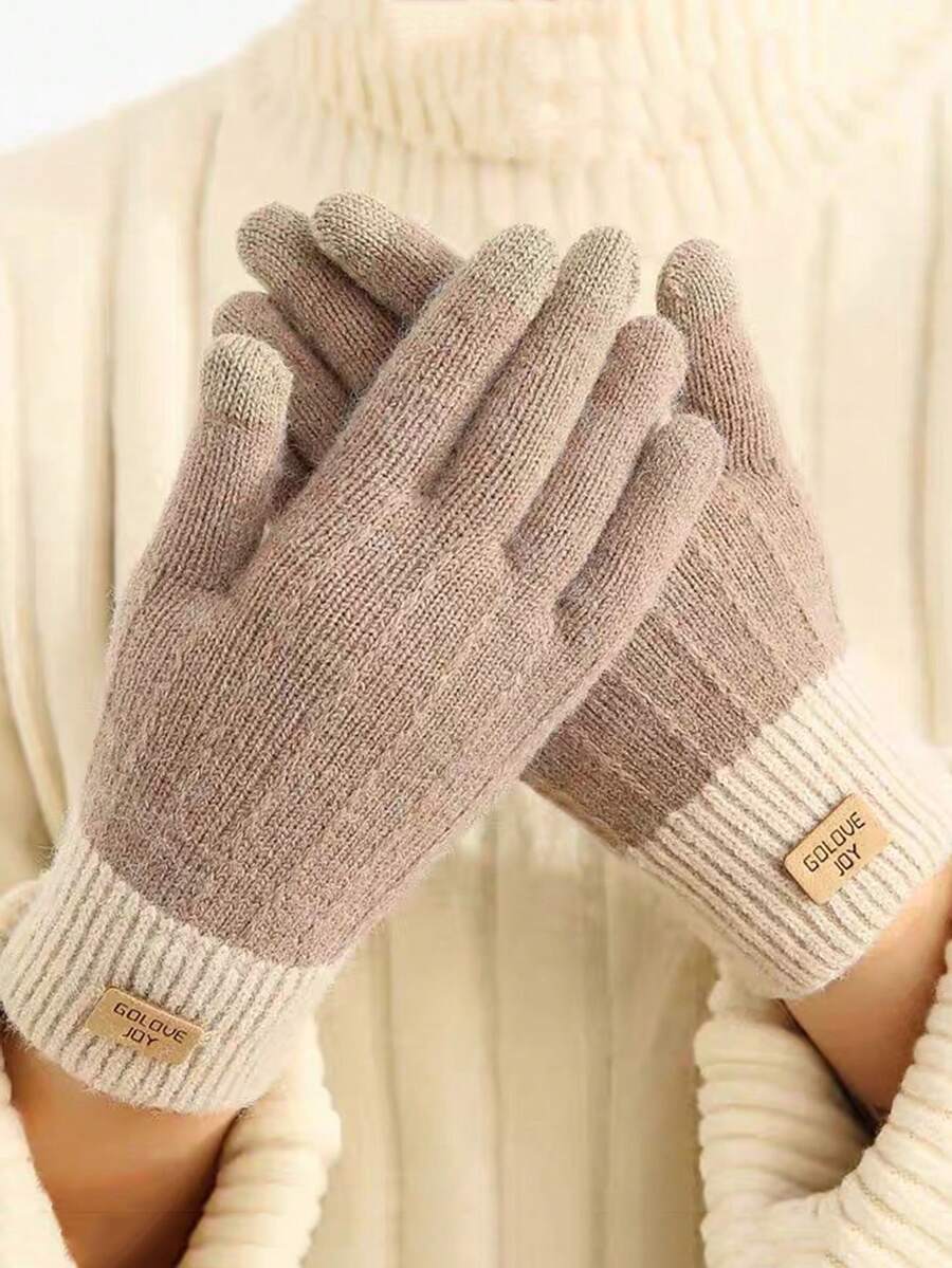 1雙秋冬加厚保暖針織羊毛手套全款適合女學生寫作騎行 - 卡其色 - 查看 1