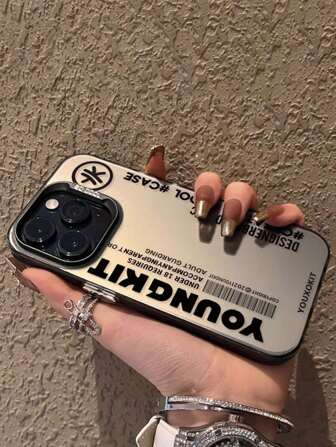 1pc Imd Material Translucent Black With Black Camera & English Letter Print Phone Case Compatible With IPhone
