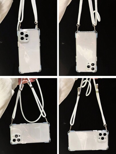 Apple Crossbody 1 White Transparent Soft Tpu Four-Corner Lanyard Mobile Phone Case + 1 Nylon Lanyard Freely Retractable Long Lanyard Compatible With Iphone Waterproof Shockproof Anti-Fall Scratch Resistant