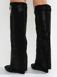 Women's  Fold Over Rhinestone Boots - Single Pointy Toe Metallic/Holo Knee High High Heel For Festival Shoes - 黑色 - 查看 5