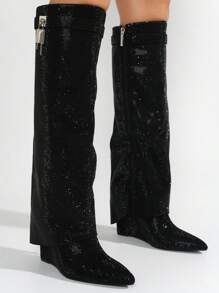 Women's  Fold Over Rhinestone Boots - Single Pointy Toe Metallic/Holo Knee High High Heel For Festival Shoes - 黑色 - 查看 3