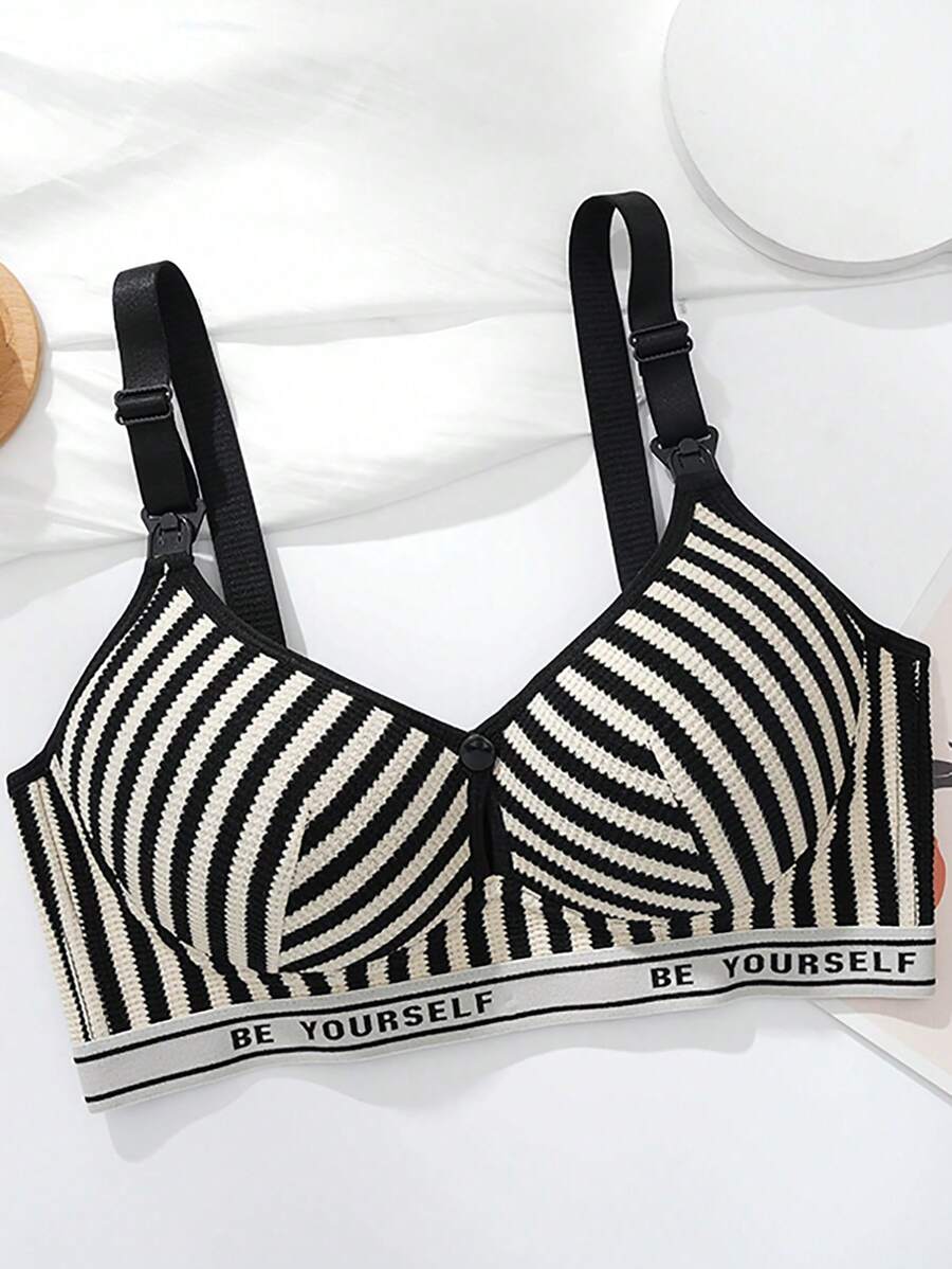Cross Striped Non-wired Push-up Nursing Bra With Comfortable & Breathable Fabric - Black - View 1