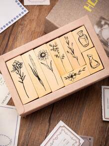Vintage Style Plant & Vase Design Decorative Rubber Stamps Set For Diy Scrapbooking And Journaling (8pcs),Back To School,School Supplies - Beige - View 4