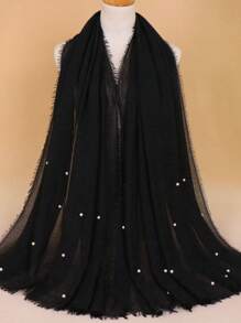 1pc Black Simple Linen Crinkle Studded Scarf, Warm Winter Shawl Neck Wrap - Black - View 2