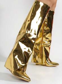 Women's  Pointy Toe Metallic Knee-High Boots - Single Pointy Toe Metallic/Holo Knee High,Fold Over High Heel For Special Events - Vàng - Xem 2
