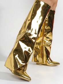 Women's  Pointy Toe Metallic Knee-High Boots - Single Pointy Toe Metallic/Holo Knee High,Fold Over High Heel For Special Events - Vàng - Xem 5