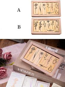 Vintage Style Plant & Vase Design Decorative Rubber Stamps Set For Diy Scrapbooking And Journaling (8pcs),Back To School,School Supplies - Beige - View 3