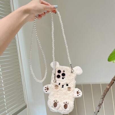 Cute Winter With Phone Charm 1pc Lovely Plush 3d Bear Phone Case With Crossbody Strap Compatible With Iphone Waterproof Shockproof Anti-Fall Scratch Resistant