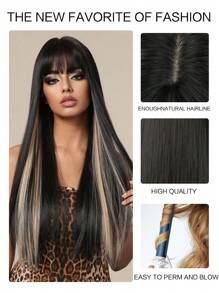 Natural Black highlights blonde straight hair with bangs for women's everyday fake soft synthetic hair for the party holidays - Piano Color - View 7