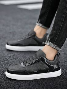 男士時尚亮片金屬紋結綁休閒平底鞋,專利皮革低頂運動鞋 - 黑色 - 查看 1