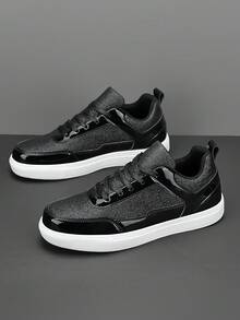 男士時尚亮片金屬紋結綁休閒平底鞋,專利皮革低頂運動鞋 - 黑色 - 查看 5