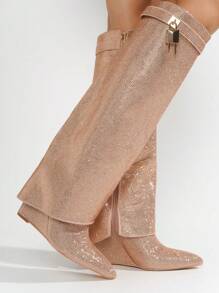 Women's  Fold Over Rhinestone Boots - Single Pointy Toe Metallic/Holo Knee High High Heel For Festival Shoes - 杏色 - 查看 2