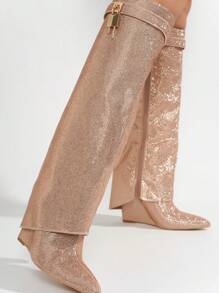 Women's  Fold Over Rhinestone Boots - Single Pointy Toe Metallic/Holo Knee High High Heel For Festival Shoes - 杏色 - 查看 4