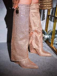 Women's  Fold Over Rhinestone Boots - Single Pointy Toe Metallic/Holo Knee High High Heel For Festival Shoes - 杏色 - 查看 1