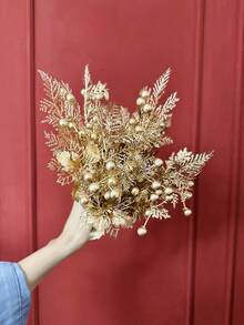 1pc 25cm Plastic Seasonal Decoration Pine Needles With Beans, Modern & Minimalist Gold Color Christmas Pine Needles. Suitable For Party Decoration/ Home Decoration/ Photo Props/ Christmas - Gold - View 2