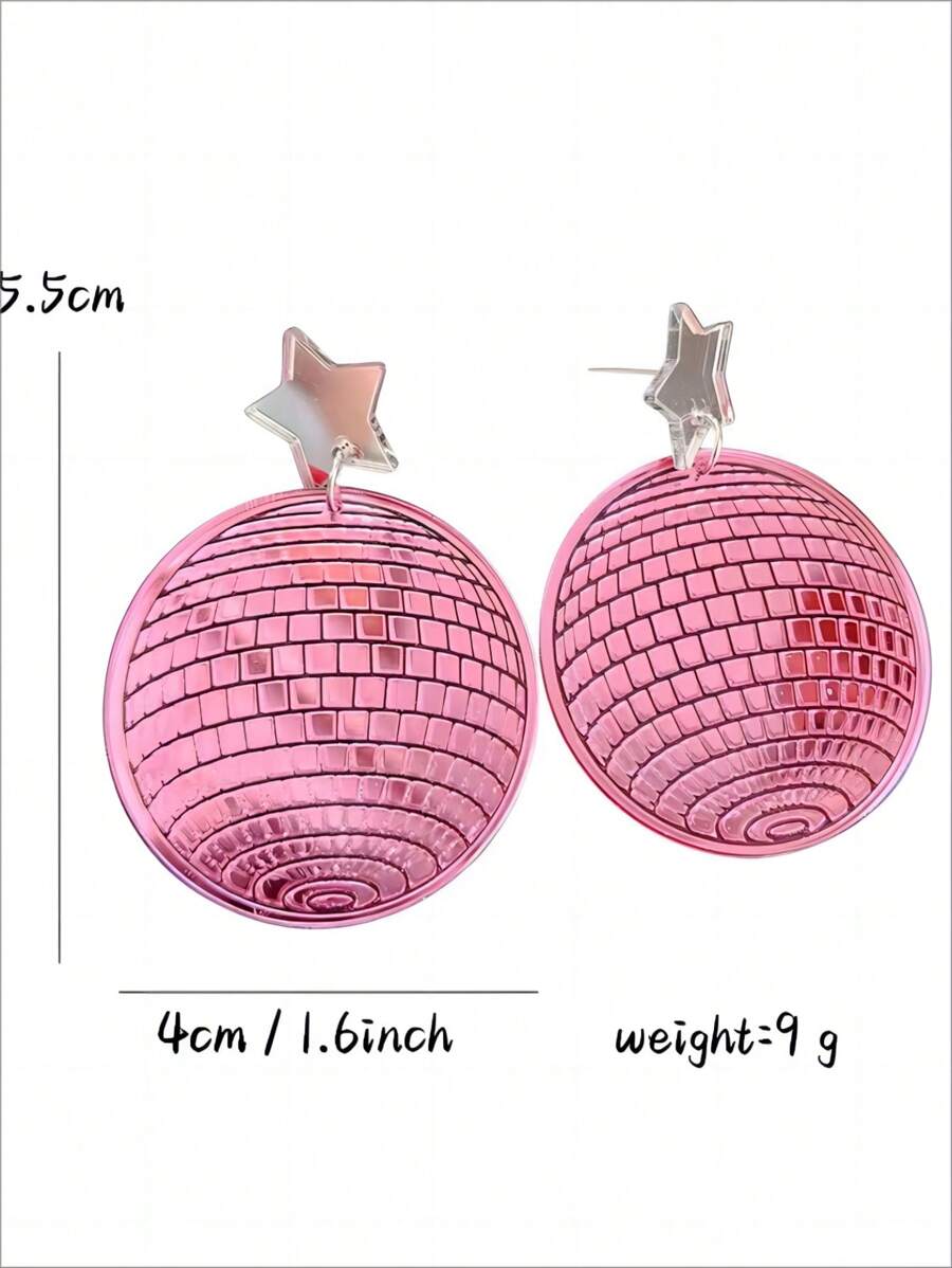 2入組誇張創意復古亞克力迪斯可球搖擺耳環,鏡面激光迪斯可球耳環 - 粉色 - 查看 1