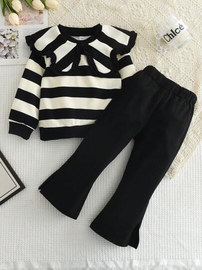 2pcs/set Young Girls' Casual Striped Top With Oversized Collar And Solid Color Flared Pants For Spring And Autumn