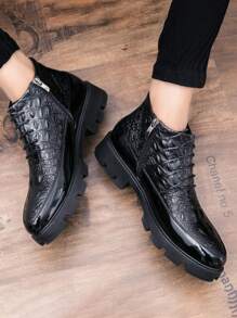男式時尚鱷魚紋側拉鍊短靴,pu皮革商務休閒厚底增高秋冬豪華黑色pu革鞋,美式風格 - 黑色 - 查看 2