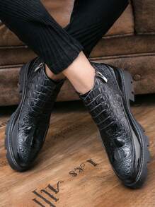 男式時尚鱷魚紋側拉鍊短靴,pu皮革商務休閒厚底增高秋冬豪華黑色pu革鞋,美式風格 - 黑色 - 查看 3
