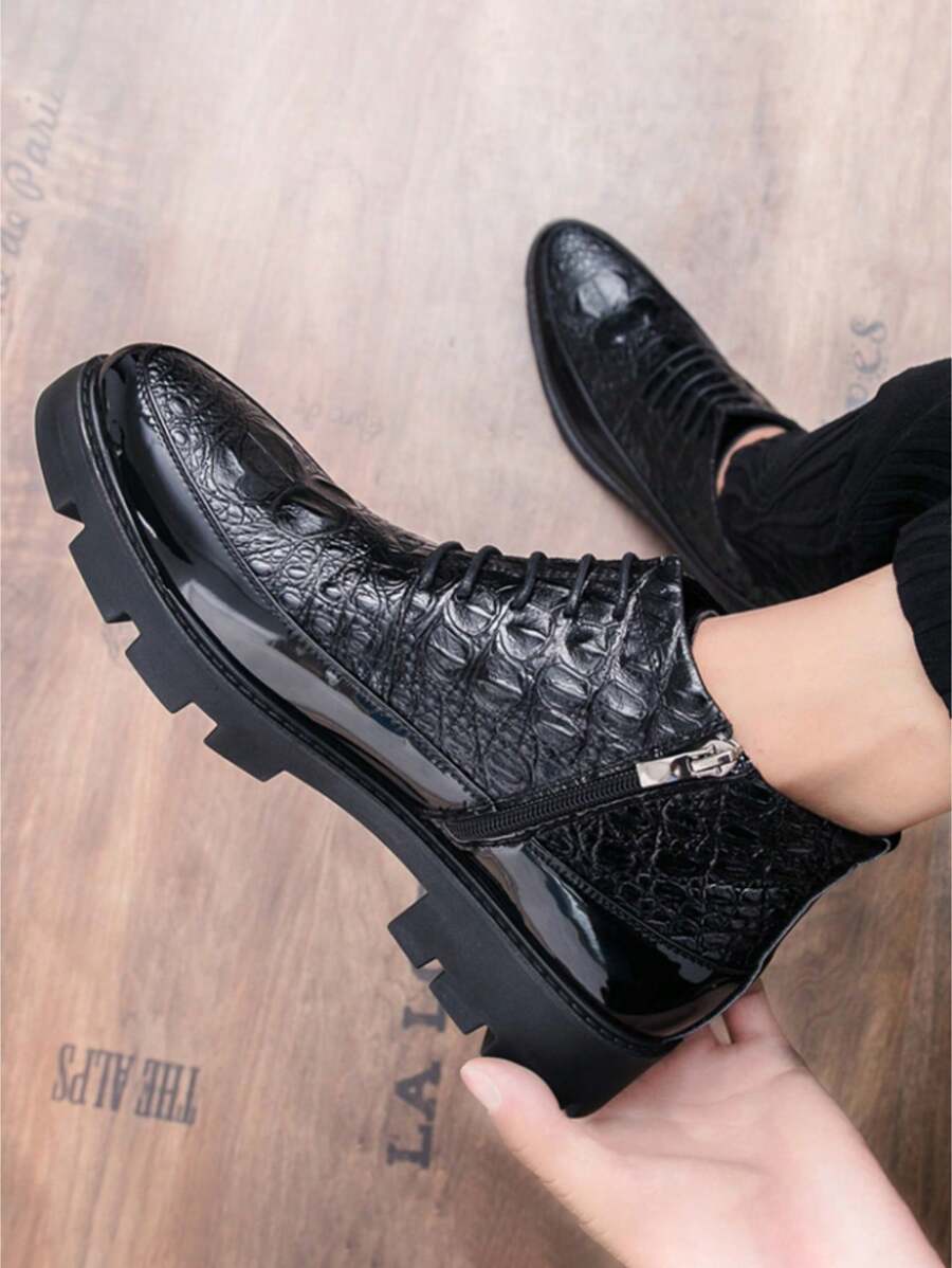 男式時尚鱷魚紋側拉鍊短靴,pu皮革商務休閒厚底增高秋冬豪華黑色pu革鞋,美式風格 - 黑色 - 查看 1