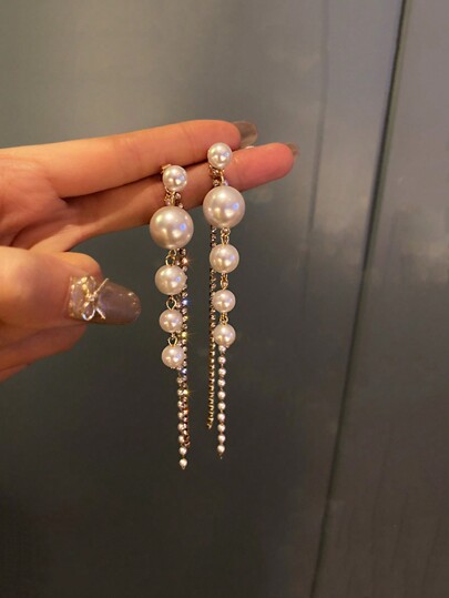 1pair Bridal Rhinestone & Faux Pearl Long Tassel Drop Earrings Elegant Halloween