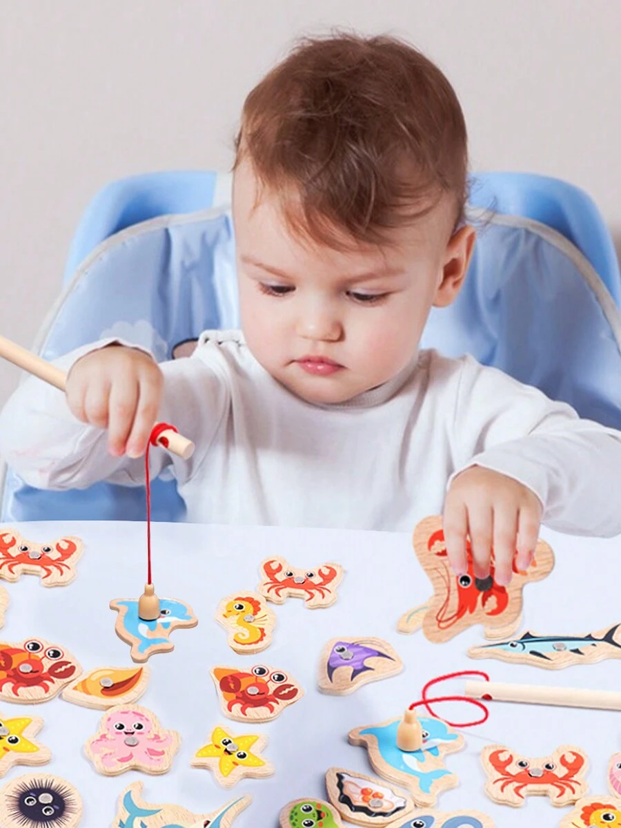 16Pcs/Set Fishing Game for Kids and Toddlers Easy Play Wooden