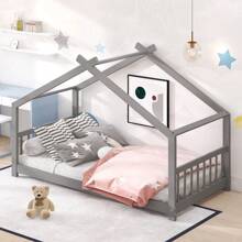 Twin Size Wood Tent Bed House Bed Frame with Slat, Floor Bed, Nursery Furniture, Kids Tent Bed, Play Tent, No Box Spring Needed
