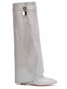 Women's  Fold Over Rhinestone Boots - Single Pointy Toe Metallic/Holo Knee High High Heel For Festival Shoes - 銀色 - 查看 3
