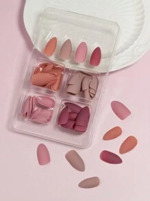 VV MEI JIA ER Juego de uñas postizas mate sólidas de diseño natural en tonos de piel para otoño e invierno en 4 colores (96 piezas) con caja de almacenamiento como regalo para mujeres y niñas. Incluye uñas acrílicas medianas en forma de almendra, 1 hoja de adhesivo y 1 lima de uñas. Artículos de manicura. - Multicolor - Ver 5