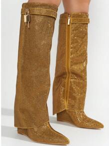 Women's  Fold Over Rhinestone Boots - Single Pointy Toe Metallic/Holo Knee High High Heel For Festival Shoes - Vàng - Xem 3