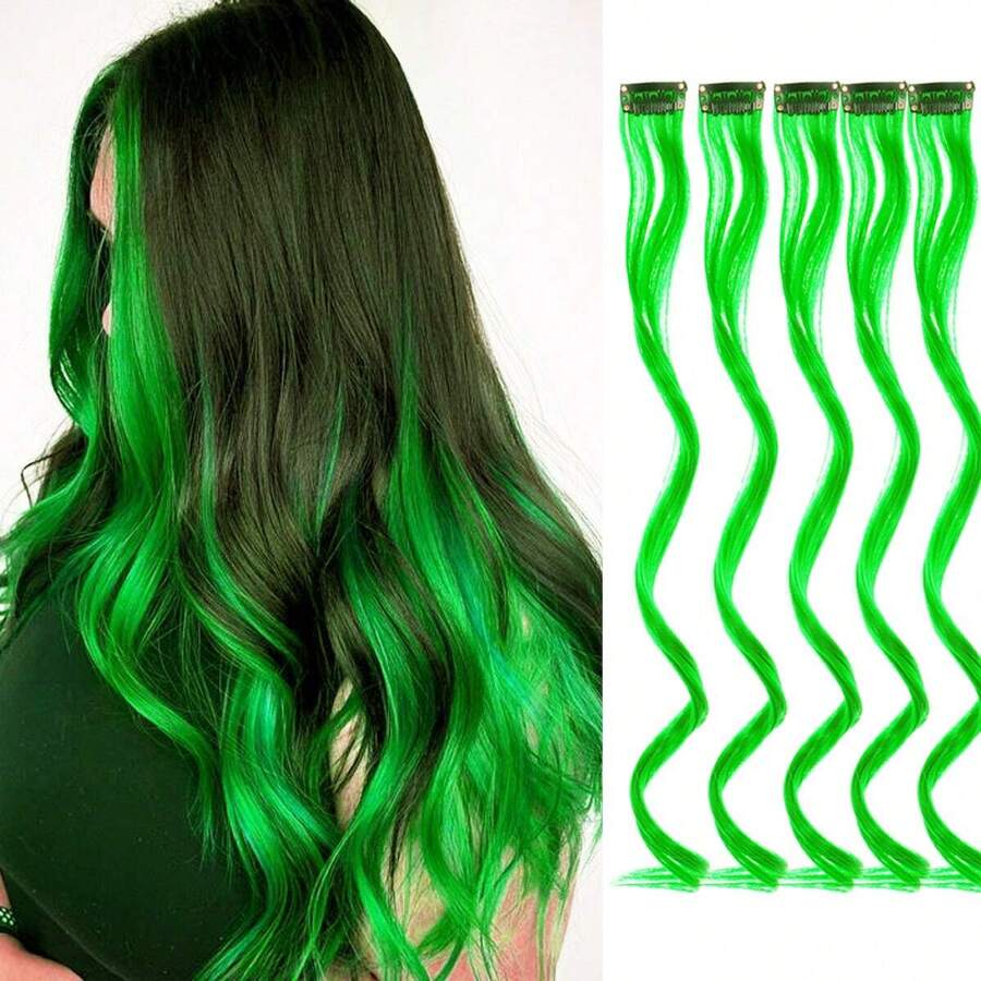 5pcs Colorful Hair Extensions, Party Highlights, Curly Wavy Hair Clips, Clip-In Synthetic Highlights, Suitable For Girls And Women, 17 Inches