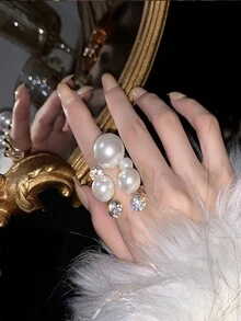 1 Miếng Hàn Quốc Phong cách ins Thiết kế hình học Nhẫn Với Pha lê & Trang trí ngọc trai , Mở Nhẫn Đối với phụ nữ - Vàng - Xem 7