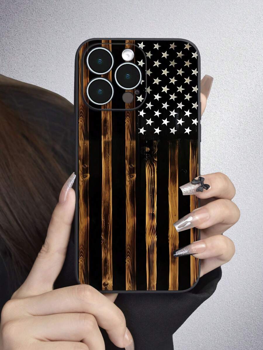 1 Ốp lưng Tpu vân gỗ thiết kế hình lá cờ màu đen mờ có bảo vệ toàn diện, chống bụi & chống nước, tương thích với iPhone - Nhiều màu - Xem 1