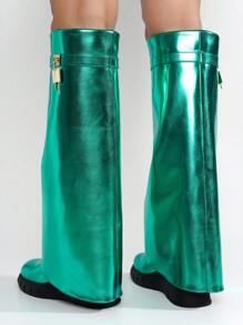 Women's  Round Toe Knee-High Platform Boots - Platform Round Toe Metallic/Holo, Denim Knee High,Fold Over Low Heel For Festival Shoes - 綠色 - 查看 5