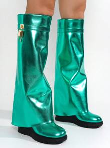 Women's  Round Toe Knee-High Platform Boots - Platform Round Toe Metallic/Holo, Denim Knee High,Fold Over Low Heel For Festival Shoes - 綠色 - 查看 3