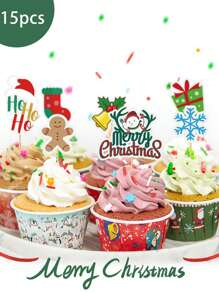 15入組聖誕節杯子蛋糕上貼片,閃爍蛋糕裝飾,牙籤旗上有聖誕老人、樹、水果、帽子、襪子和聖誕鹿主題裝飾,適用於聖誕蛋糕裝修用品 - 彩色 - 查看 1