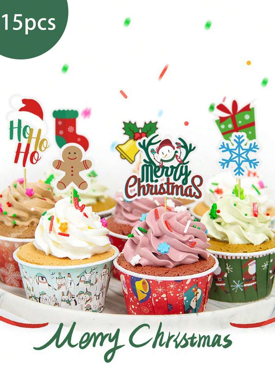 15入組聖誕節杯子蛋糕上貼片,閃爍蛋糕裝飾,牙籤旗上有聖誕老人、樹、水果、帽子、襪子和聖誕鹿主題裝飾,適用於聖誕蛋糕裝修用品 - 彩色 - 查看 1