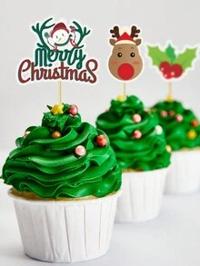 15入組聖誕節杯子蛋糕上貼片,閃爍蛋糕裝飾,牙籤旗上有聖誕老人、樹、水果、帽子、襪子和聖誕鹿主題裝飾,適用於聖誕蛋糕裝修用品 - 彩色 - 查看 3