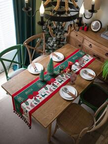 1pc Embossed Christmas Table Runner With Bowknot Decoration