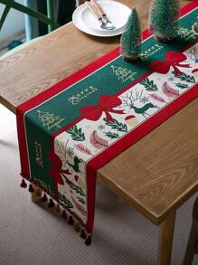 1pc Embossed Christmas Table Runner With Bowknot Decoration