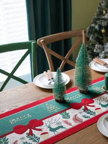 1pc Embossed Christmas Table Runner With Bowknot Decoration