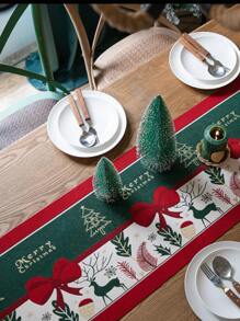 1pc Embossed Christmas Table Runner With Bowknot Decoration