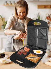 1 Pieza Fabricante De Desayuno Multifuncional 3 En 1 Para Freír Huevo, Hacer Sándwich Y Filete - Negro - Ver 1