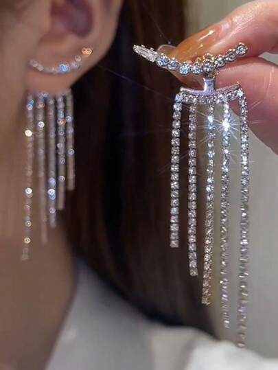 2pcs Full Rhinestone Tassel Pendant Earrings, Shiny For Vacation, Party, Dating, Gift, And Daily Wear