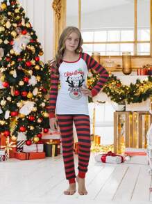 2pcs/Set Girls Christmas Family Matching Snug Fit Pajamas, Cute Reindeer & Stripe Print Long Sleeve Top & Pants, Holiday Loungewear Set - White - View 4
