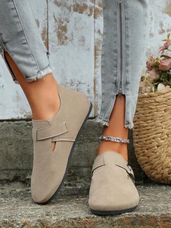 Women's Fashion Comfortable Casual Versatile Retro Matte Flat Shoes With Metal Buckle, Vintage Mori Style Round Toe Closed Ballet Flats